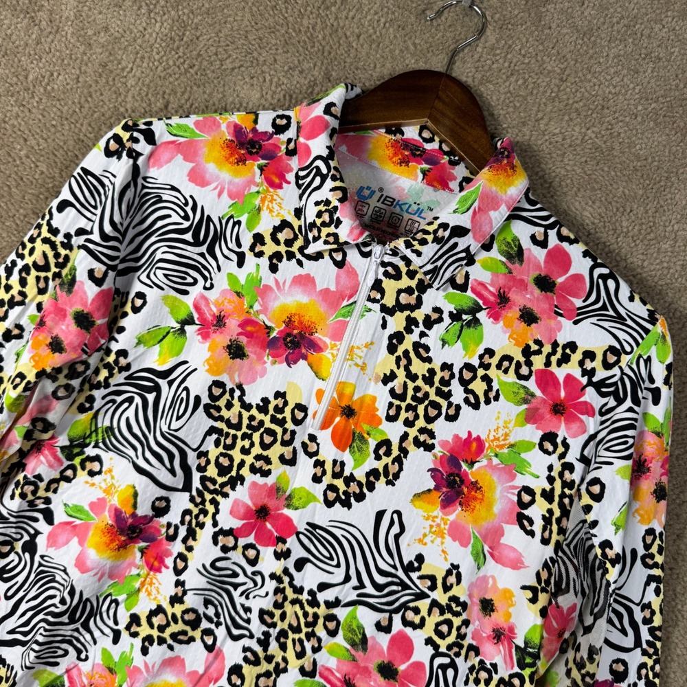 IBKUL Quarter Zip Top Womens XL White Floral Animal Print UPF 50 Long Sleeve